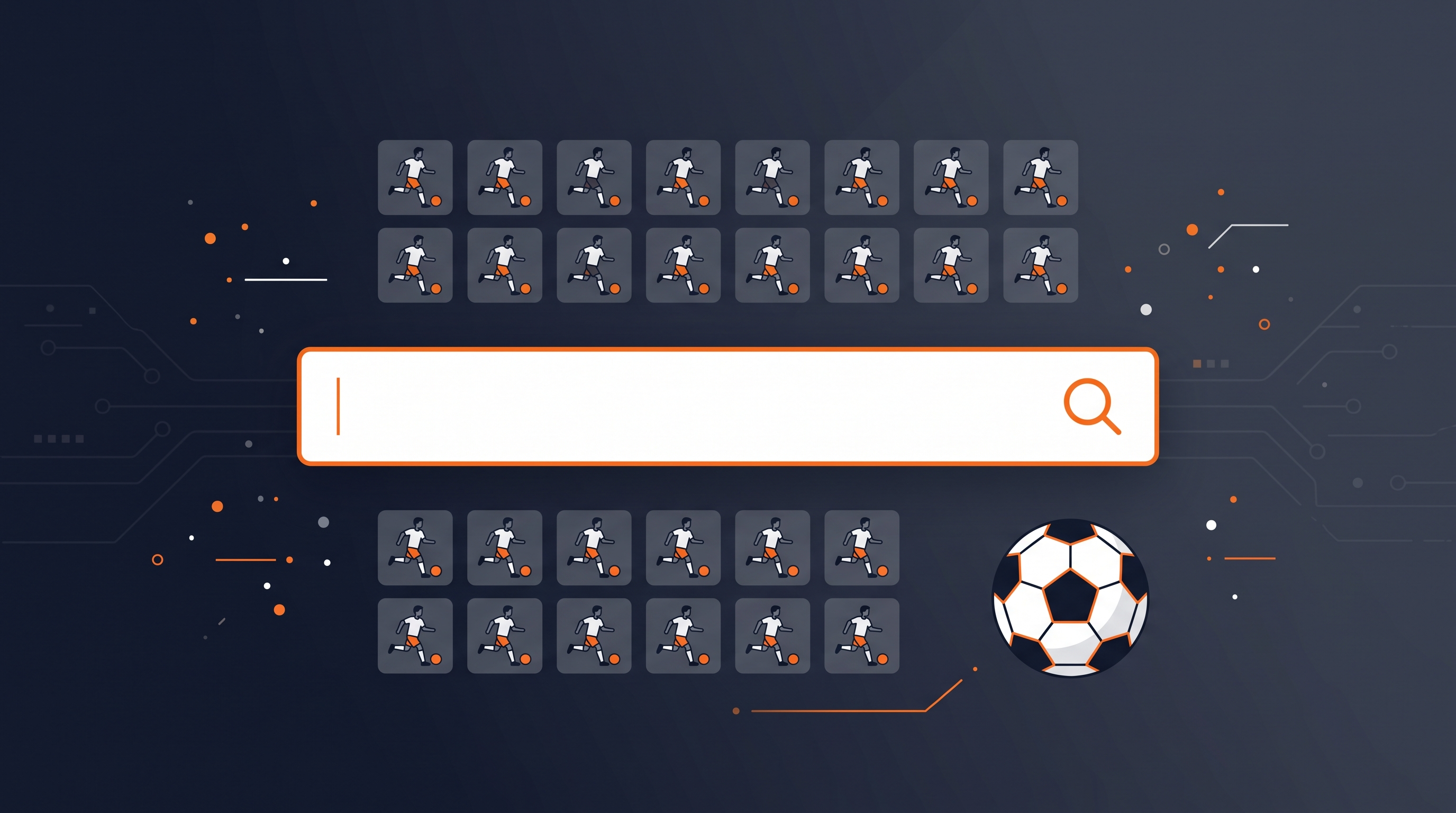 Illustration of a football team and player search interface with squad list
