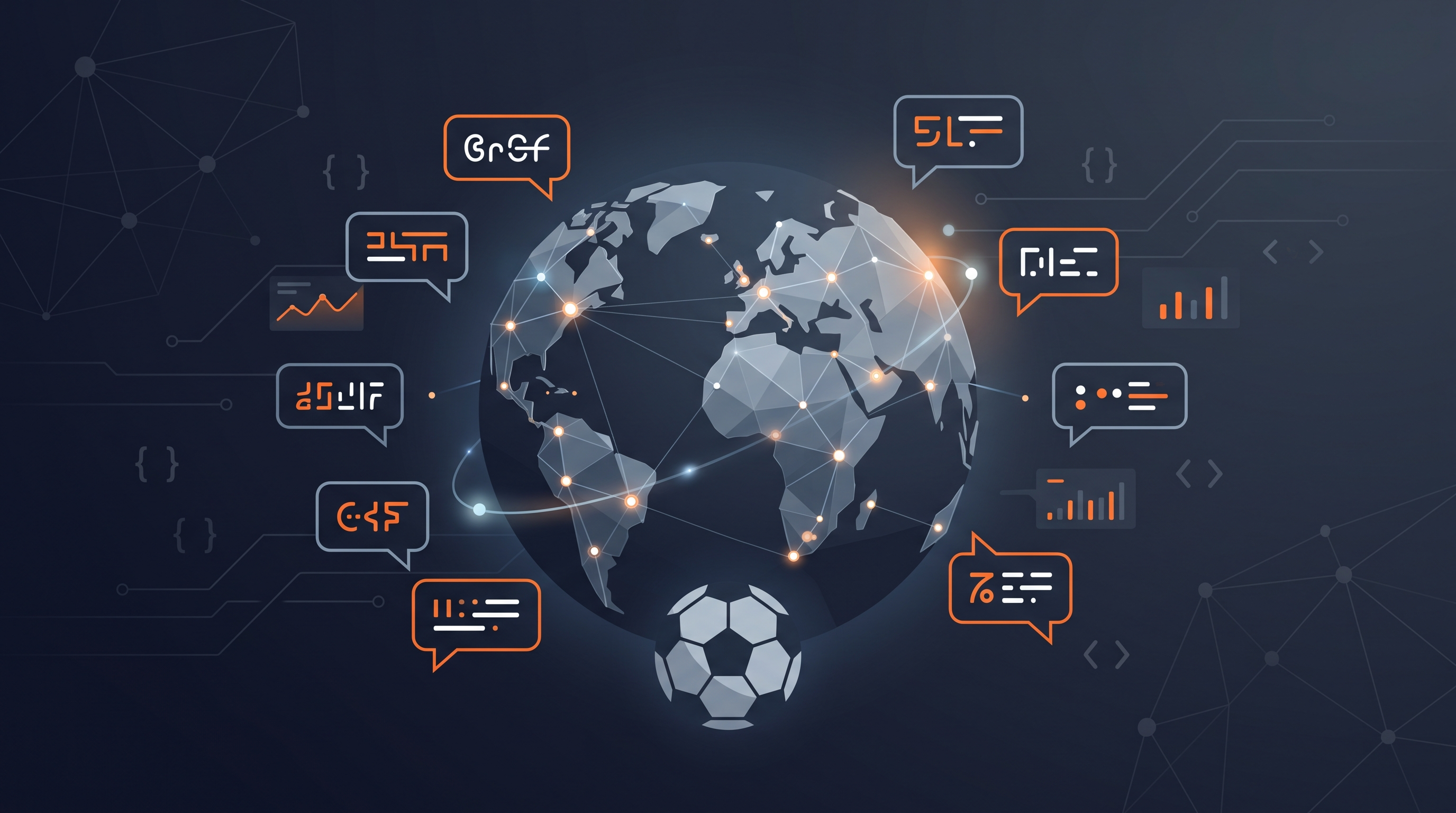 Illustration of a football app interface shown in four different languages