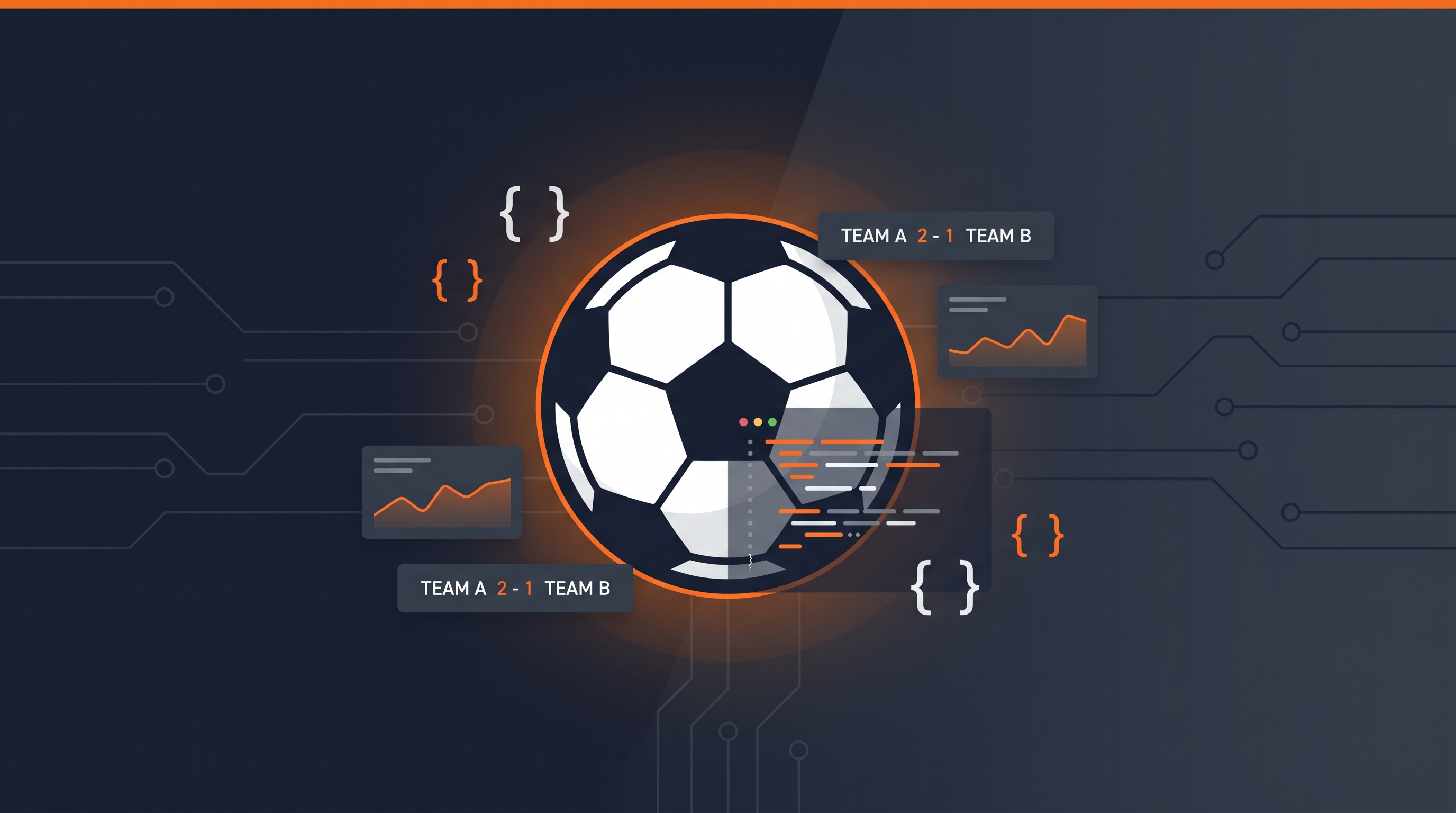 Abstract illustration of a football API — soccer ball with data code elements on dark background