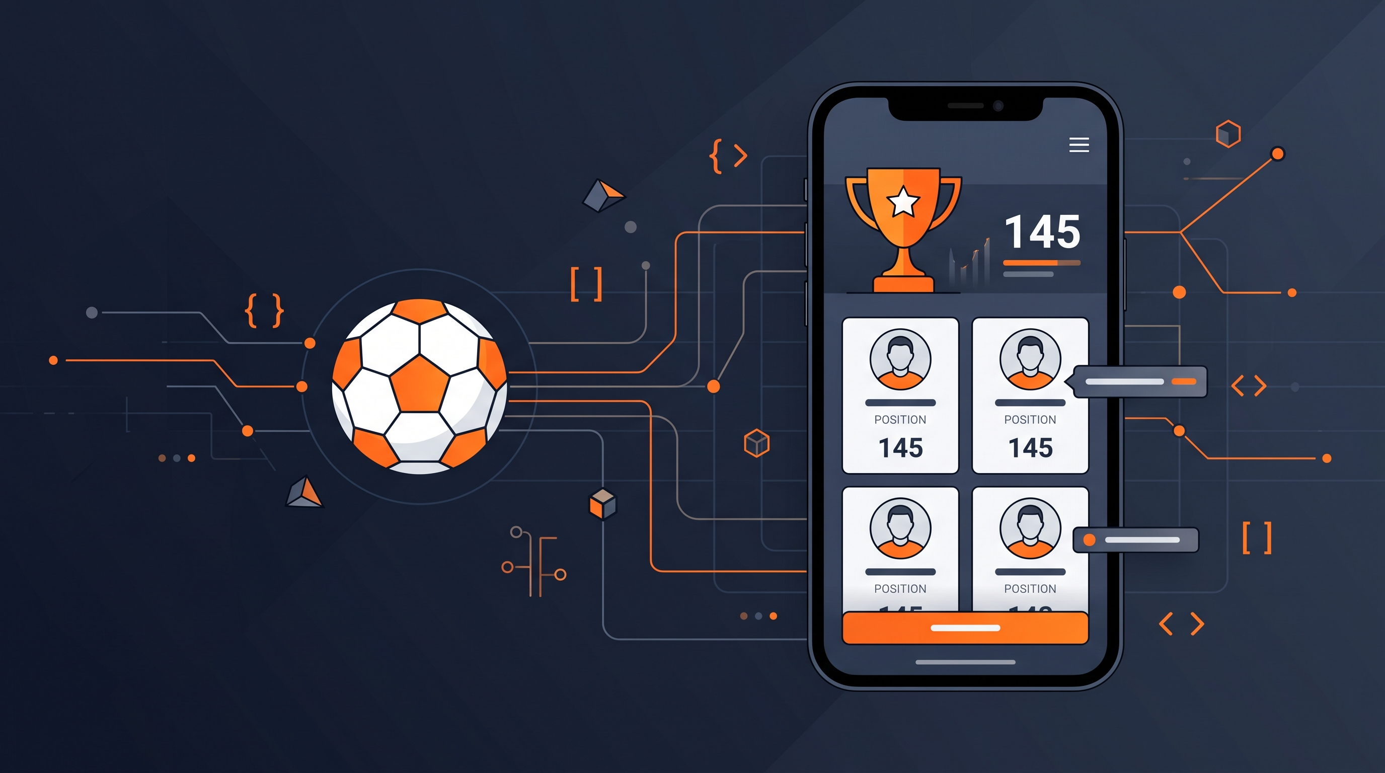 Illustration of a fantasy football app interface with player cards and live scoring