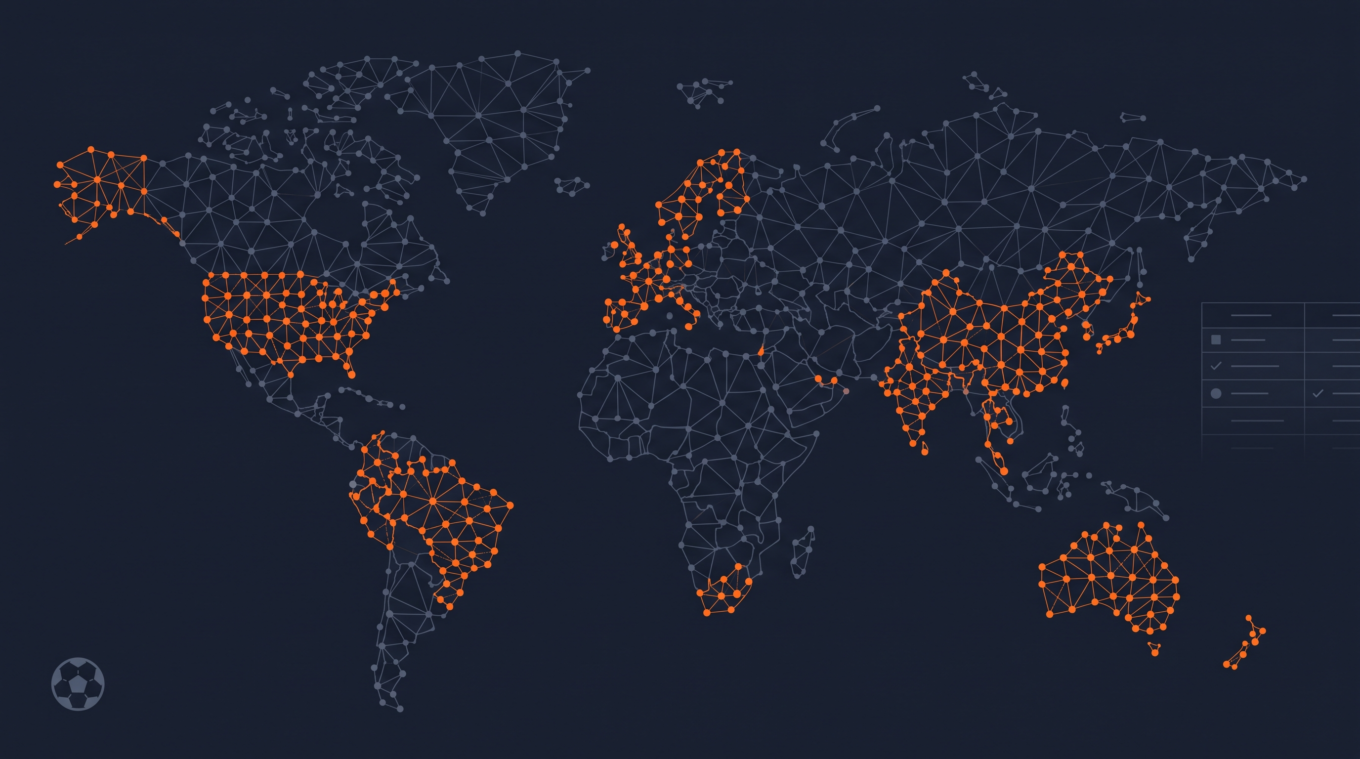 World map illustration highlighting countries with football league data coverage